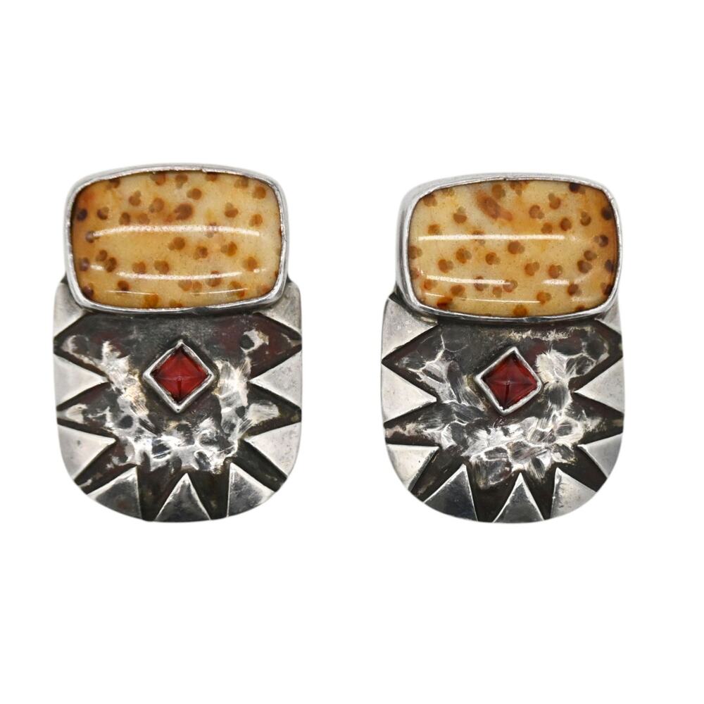Dian Malouf Geometric Sterling Tan Spotted Stone & Red Gem Clip Earrings
